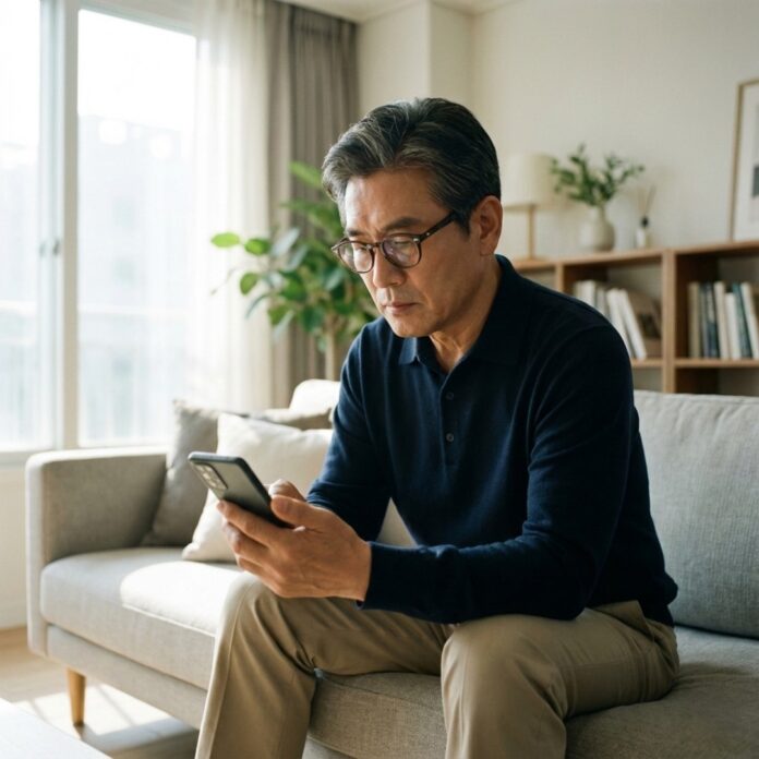 거실에서 심각한 표정으로 스마트폰 건강보험 앱을 확인하며 자산 현황을 점검하는 60대 한국인 남성