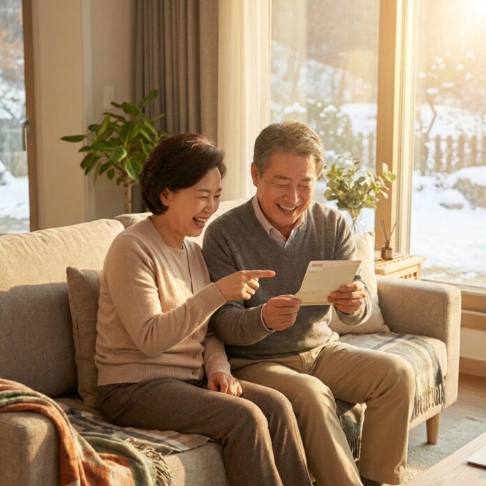 밝은 거실에서 통장을 확인하며 기뻐하는 한국인 시니어 부부