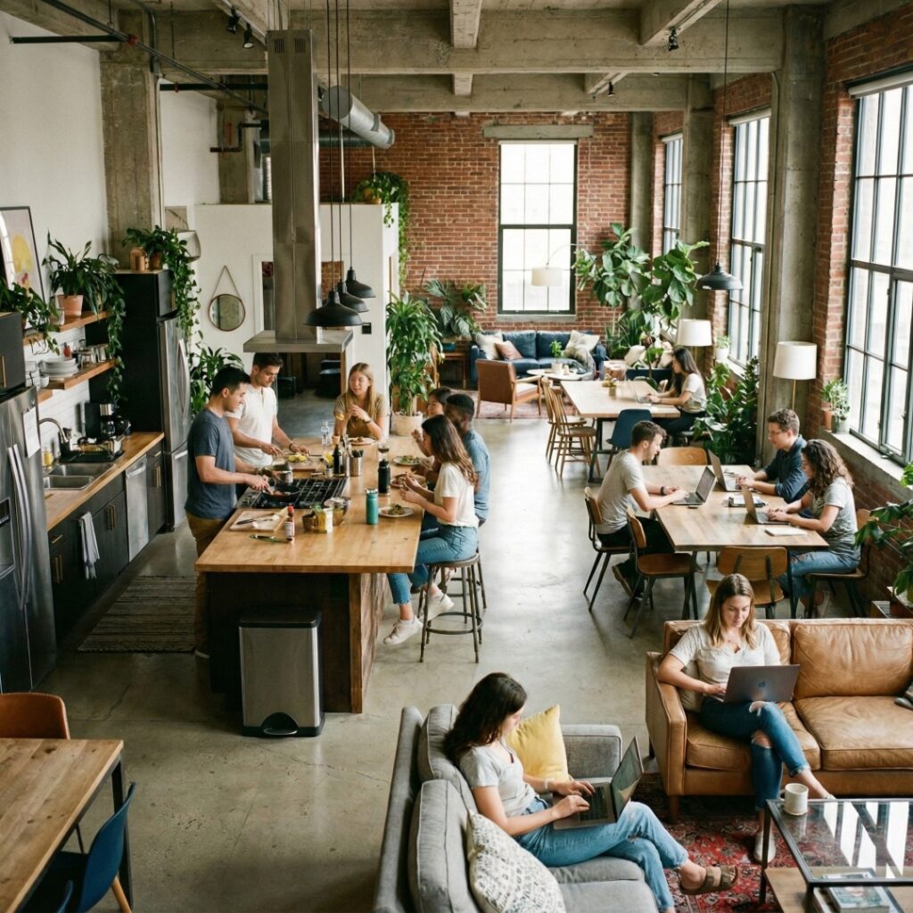 코리빙 하우스 공용 라운지에서 교류하는 청년들, 느슨한 연대와 공유 문화를 상징