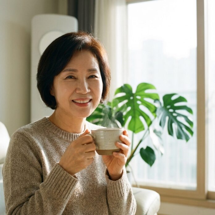 따뜻한 겨울 햇살 아래 면역력 강화를 위해 건강한 차를 마시며 미소 짓는 한국인 시니어 여성