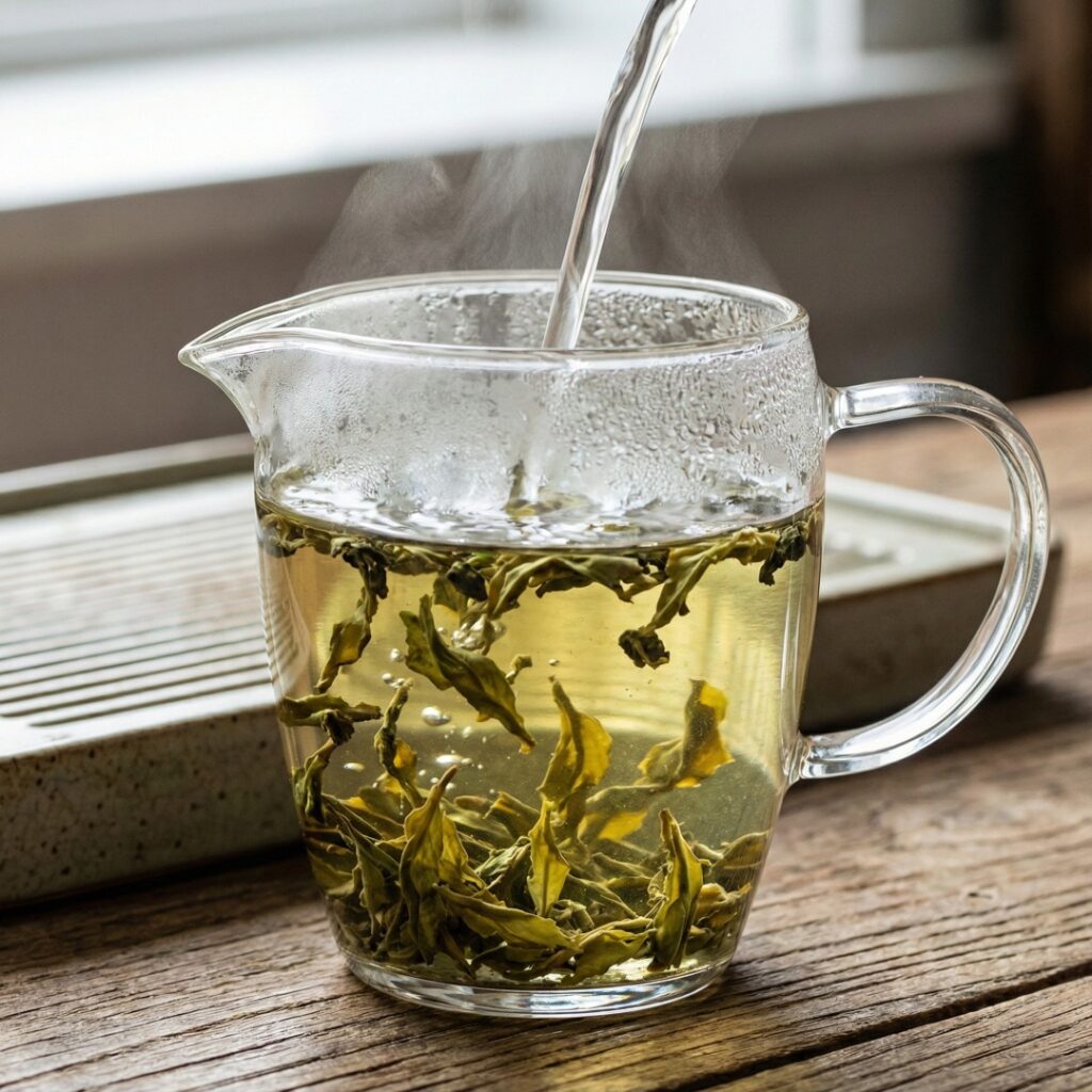 찻잎이 우러나는 다기의 모습, 차가 주는 시각적 아름다움과 기다림의 미학을 상징