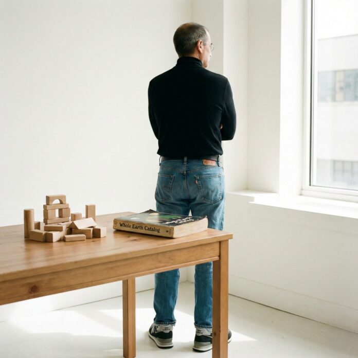 아이패드 대신 책을 읽히는 스티브 잡스의 육아 철학을 상징하는 이미지