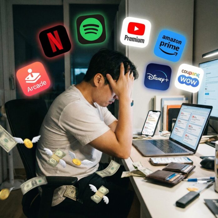 subscription-economy-fatigue-saving-tips 카드 명세서를 보고 놀라는 사람과 주변을 떠다니는 구독 서비스 아이콘들, 구독 피로와 지출 관리를 상징하는 이미지