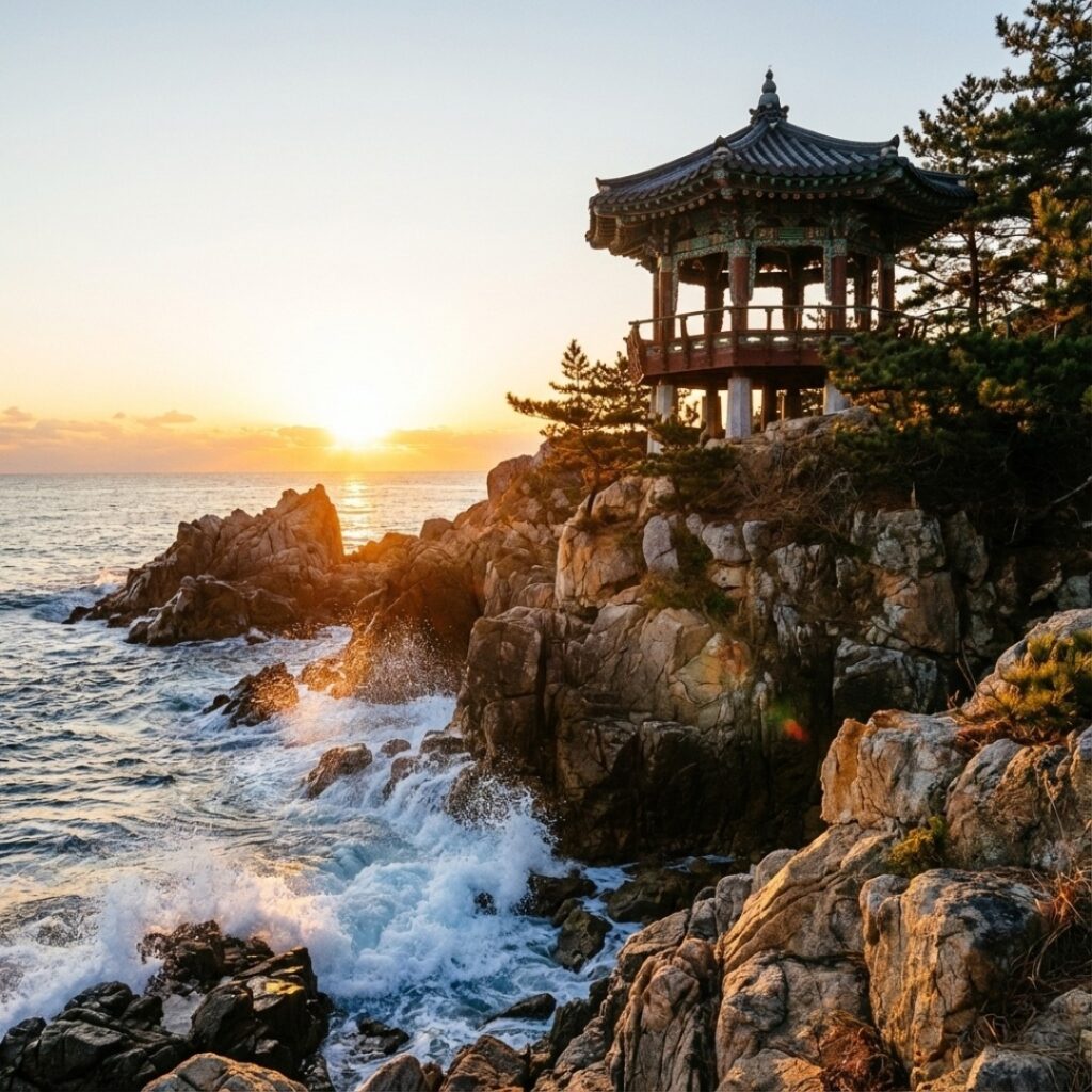 푸른 바다 수평선 위로 붉게 떠오르는 태양과 한국적인 정자의 풍경