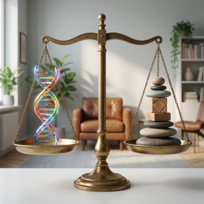 타고난 유전자(기질)와 후천적 성장(성격)을 분석하는 TCI 검사를 상징하는 이미지