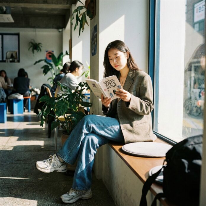 힙한 카페에서 종이책을 읽고 있는 Z세대의 모습, 텍스트 힙 트렌드와 독서 문화를 상징하는 이미지