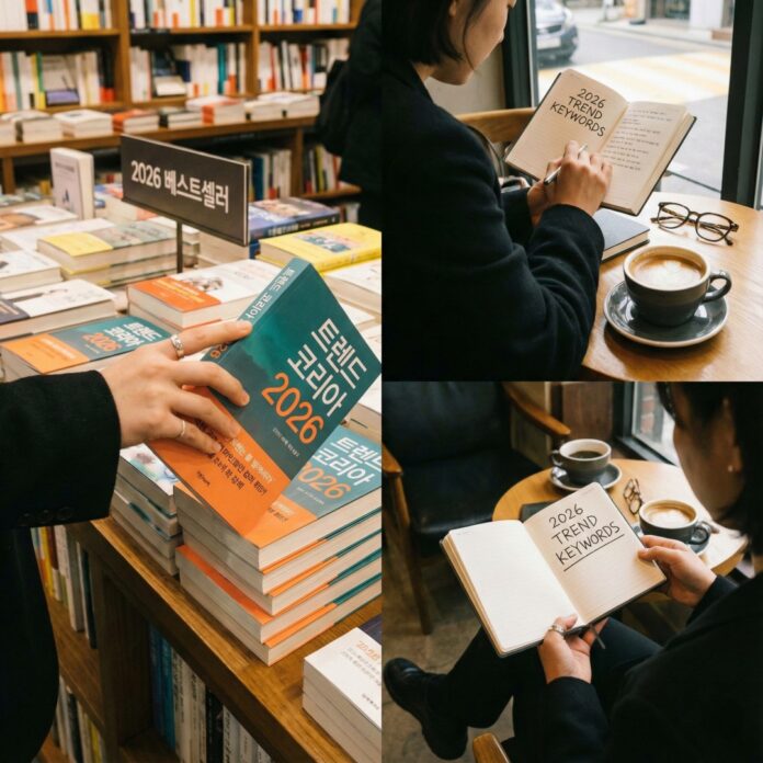 2026년 트렌드 키워드가 적힌 다이어리와 커피가 놓인 책상, 대한민국 소비 트렌드 전망을 상징하는 이미지