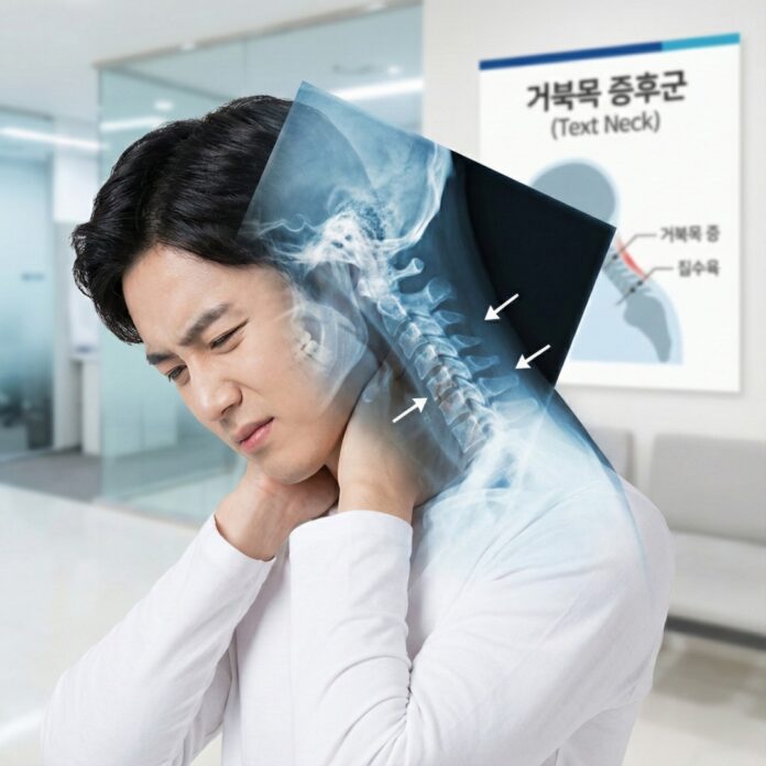 스마트폰을 보느라 목 뼈가 일자로 변형된 거북목 증후군 그래픽 이미지, 목 통증 원인과 교정 필요성을 상징