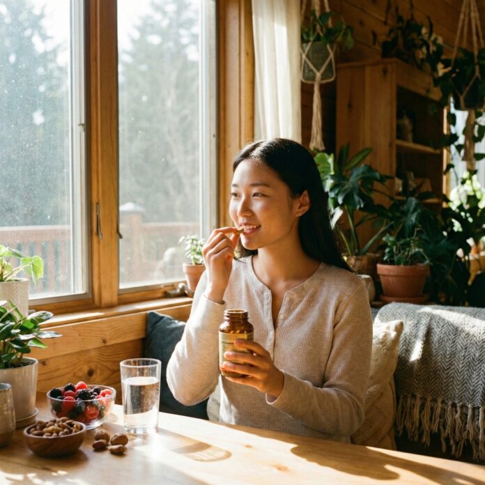 햇살 아래서 비타민D 영양제를 섭취하는 손, 겨울철 면역력 관리와 뼈 건강을 상징하는 이미지