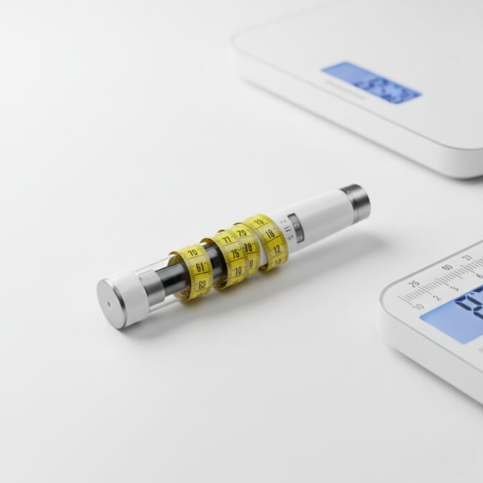 비만 치료제 주사 펜과 줄자가 놓인 모습, 의학적 다이어트와 체중 감량을 상징하는 이미지