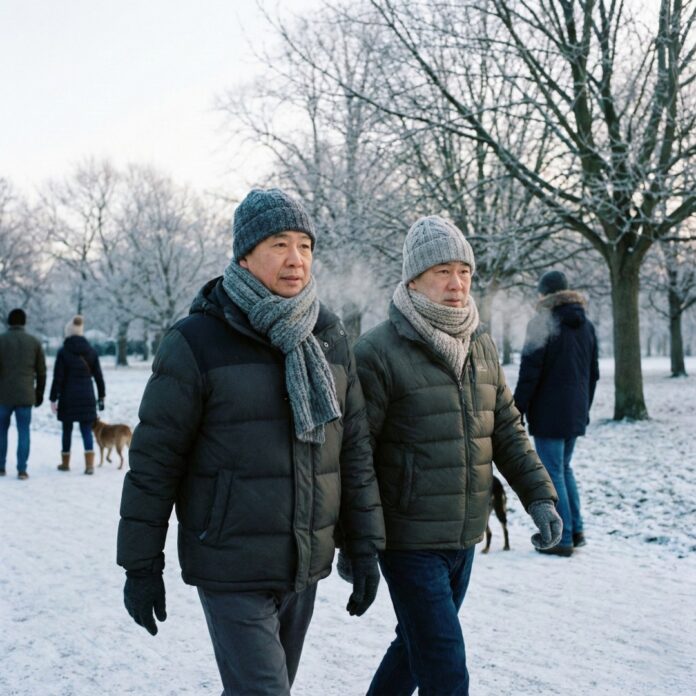 모자와 목도리를 하고 겨울 아침 공원을 걷는 중년의 모습, 겨울철 고혈압 환자의 안전한 운동 수칙을 상징하는 이미지
