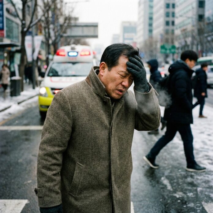 겨울철 뇌졸중 전조증상 FAST 법칙을 설명하는 인포그래픽과 중년 남성