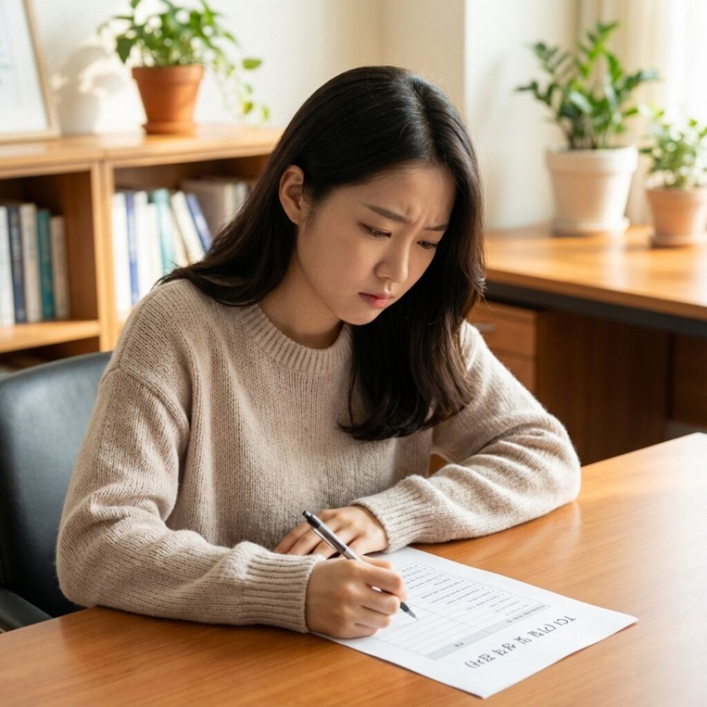 심리상담 센터에서 집중하여 TCI 검사지를 작성하는 한국인 여성