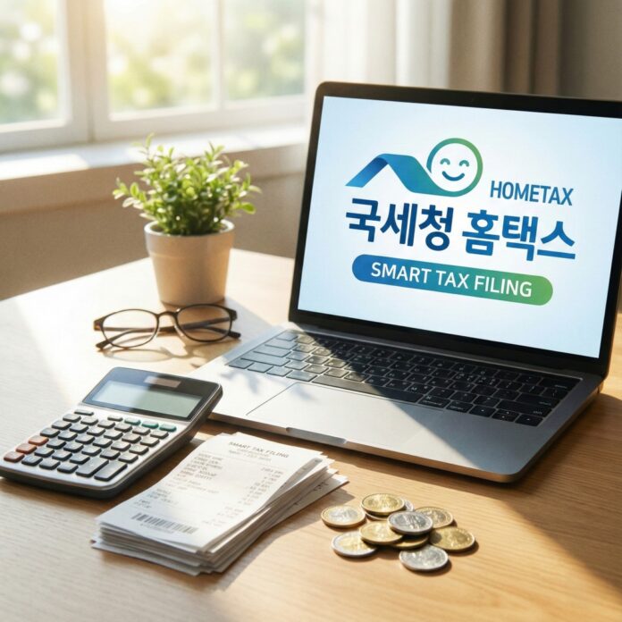 계산기와 영수증, 환급 그래프가 있는 책상 모습, 2025년 연말정산 환급 꿀팁과 소득공제를 상징하는 이미지