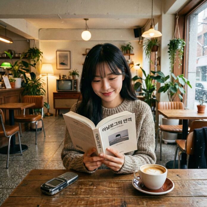 폴더폰을 옆에 두고 책을 읽는 Z세대, 디지털 디톡스와 JOMO 트렌드를 상징