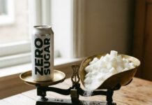 “0칼로리의 함정” 제로 슈거의 배신? 아스파탐 발암 논란과 대체 감미료의 진실 총정리 제로 슈거 음료 캔과 설탕 큐브가 대비되는 모습, 대체 감미료 논란과 건강에 미치는 영향을 상징하는 이미지