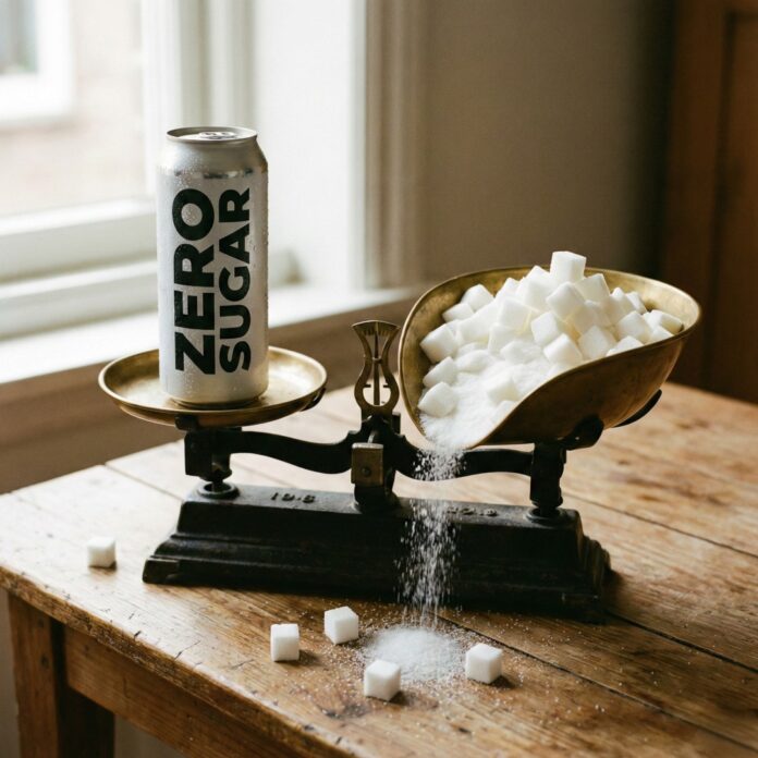 제로 슈거 음료 캔과 설탕 큐브가 대비되는 모습, 대체 감미료 논란과 건강에 미치는 영향을 상징하는 이미지