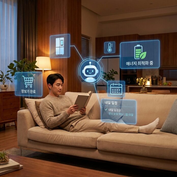 거실 소파에서 편안하게 휴식하는 한국인 남성 위로 AI 에이전트가 집안 가전들의 작동 상태와 일정을 자율적으로 관리하는 인포그래픽이 떠 있는 모습