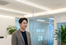노화의 속도를 늦추는 기술, AI 신체 스캔 기반 생체 나이 관리 솔루션 미래적인 건강 검진 센터에서 대형 스크린에 띄워진 자신의 3D 신체 분석 데이터를 확인하는 30대 한국인 남성