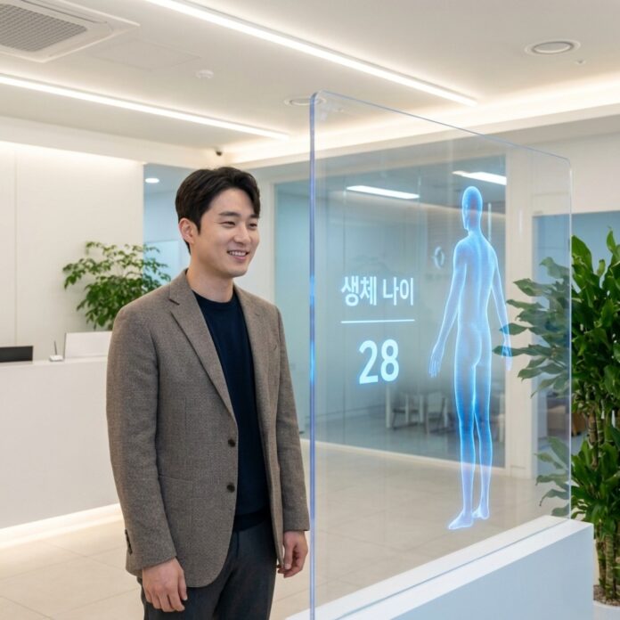 미래적인 건강 검진 센터에서 대형 스크린에 띄워진 자신의 3D 신체 분석 데이터를 확인하는 30대 한국인 남성