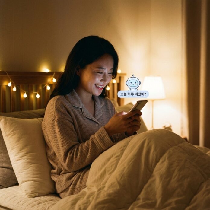 아늑한 카페에서 스마트폰의 AI 다이어리 앱과 대화하며 자신의 하루를 정교하게 기록하는 30대 한국인 여성