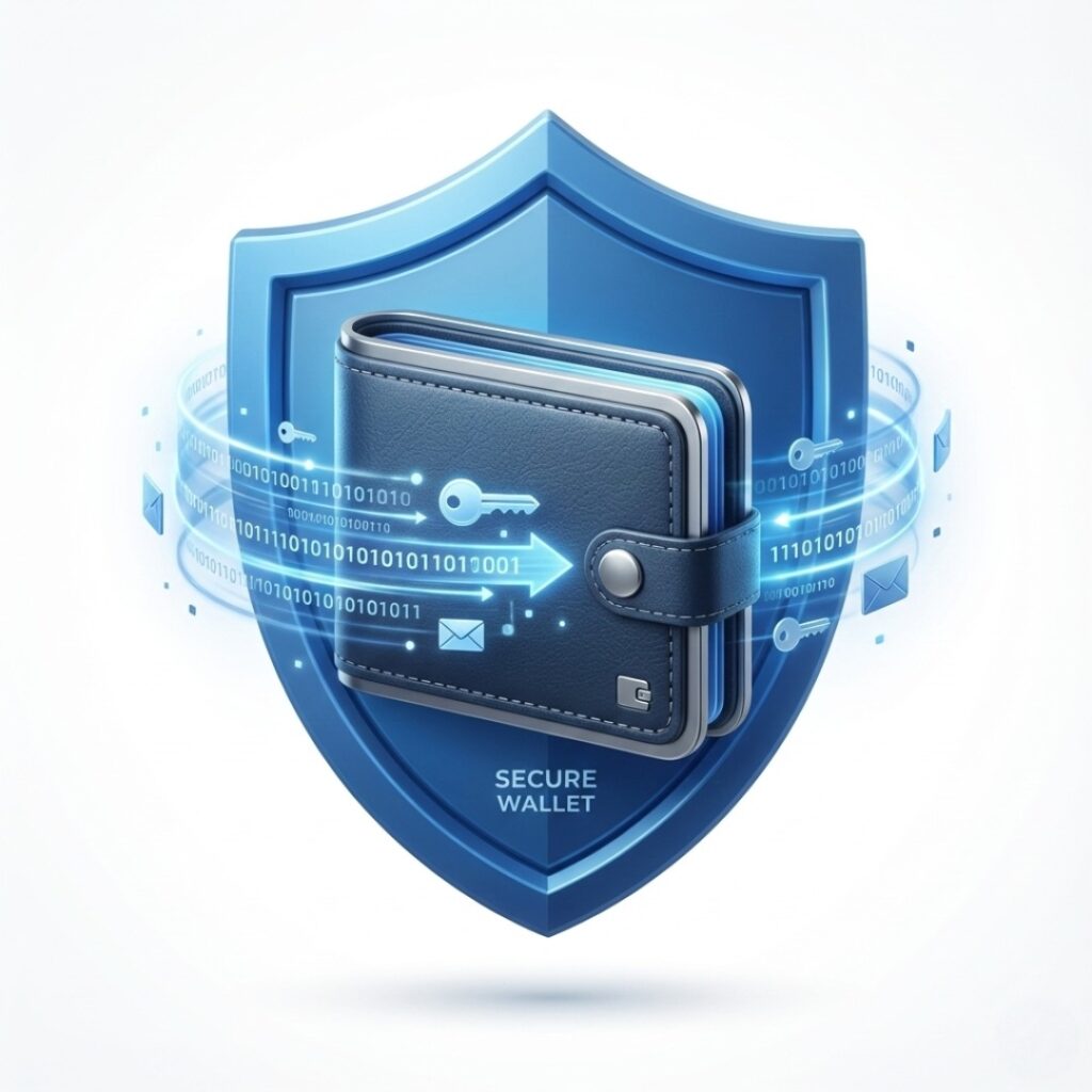 AI 에이전트가 안전하게 자산을 관리하는 모습을 상징하는 디지털 지패와 방패 아이콘이 어우러진 보안 테크 이미지