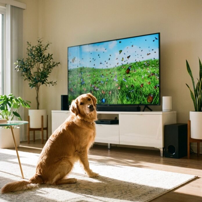 거실 소파 앞에 앉아 반려견 전용 AI 스트리밍 화면 속 자연 풍경을 흥미롭게 지켜보는 리트리버 강아지