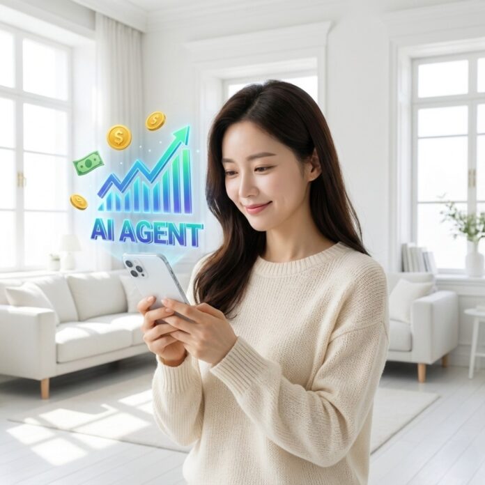 2026년형 스마트폰 화면에 AI 자산 관리사가 수익률 그래프와 지출 분석 데이터를 시각적으로 보여주는 현대적인 모습