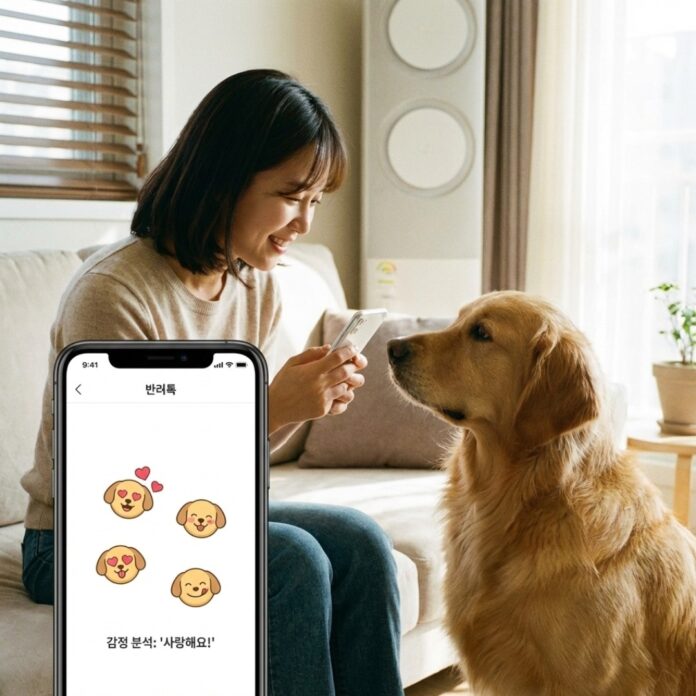 2026-ai-pet-translator-korean-woman 스마트폰 앱을 사용하여 강아지의 짖는 소리를 분석하고 대화하는 30대 한국인 여성