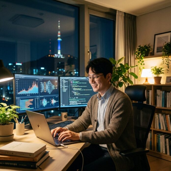 2026-ai-side-hustle-digital-nomad 세련된 카페에서 노트북과 태블릿을 활용해 AI 부업 업무를 수행하며 미소 짓는 30대 한국인 직장인