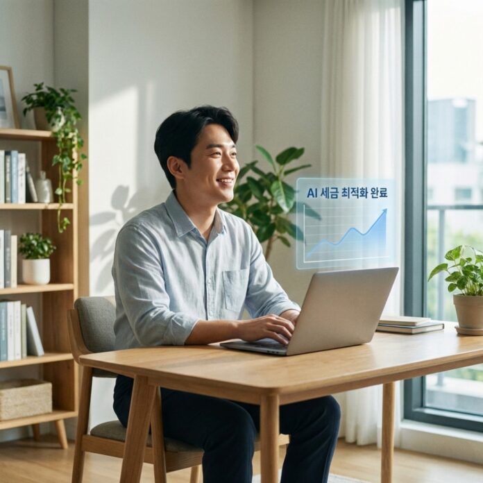 2026-ai-tax-assistant-financial-planning 따뜻한 햇살이 비치는 서재에서 노트북을 켜둔 채 여유롭게 커피를 마시는 30대 한국인 남성, 화면 옆으로는 AI 에이전트가 세금 환급액을 분석 중임을 알리는 부드러운 그래픽이 떠 있음