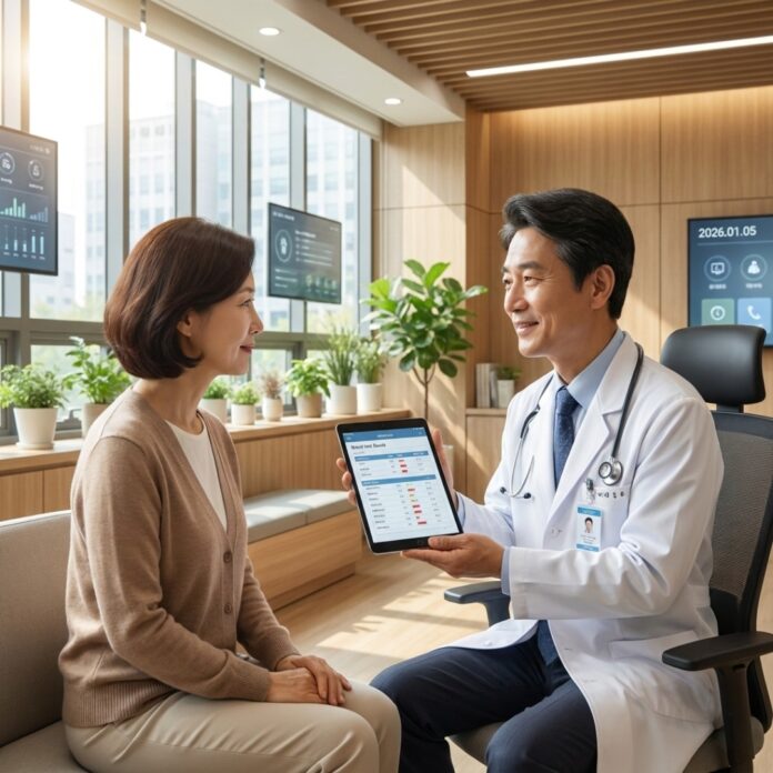 2026년 현대적인 병원에서 혈액 검사 결과를 확인하며 건강 상담을 받는 중년 남녀의 신뢰감 있는 모습