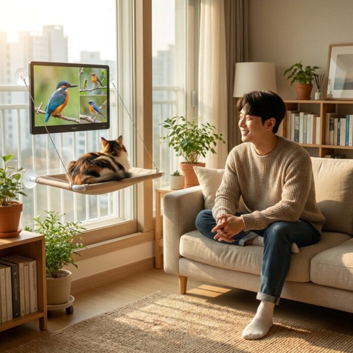 따뜻한 햇살이 내리쬐는 거실 창가 윈도우 해먹에 앉아 고양이 전용 특수 스크린 속 새의 움직임을 집중해서 관찰하는 고양이와 이를 지켜보는 보호자