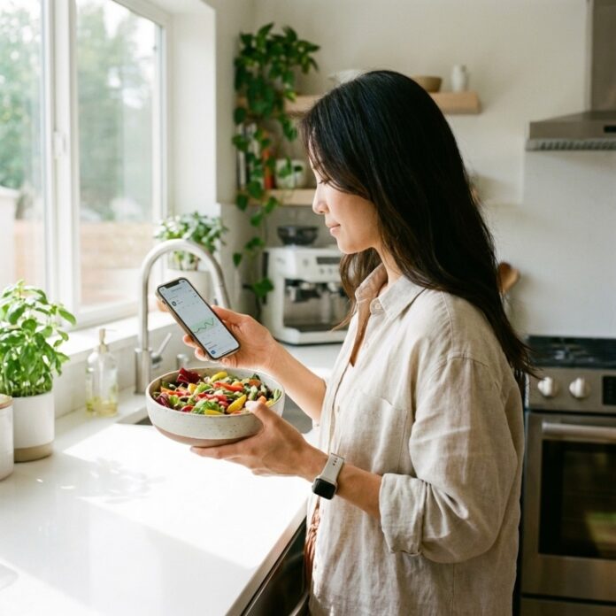 스마트폰 앱으로 실시간 혈당 수치 그래프를 확인하며 미소 짓는 한국인 여성의 손
