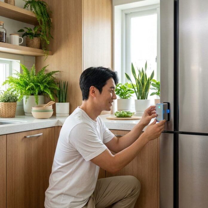 세련된 주방에서 구형 냉장고에 새로운 AI 스마트 모듈을 부착하여 성능을 업그레이드하는 한국인 남성