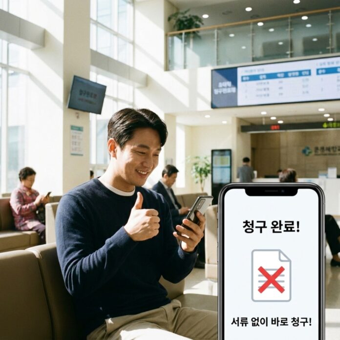 스마트폰 화면 속 '실손24' 앱을 통해 병원비 청구를 마치고 미소 짓는 2026년 한국인 직장인