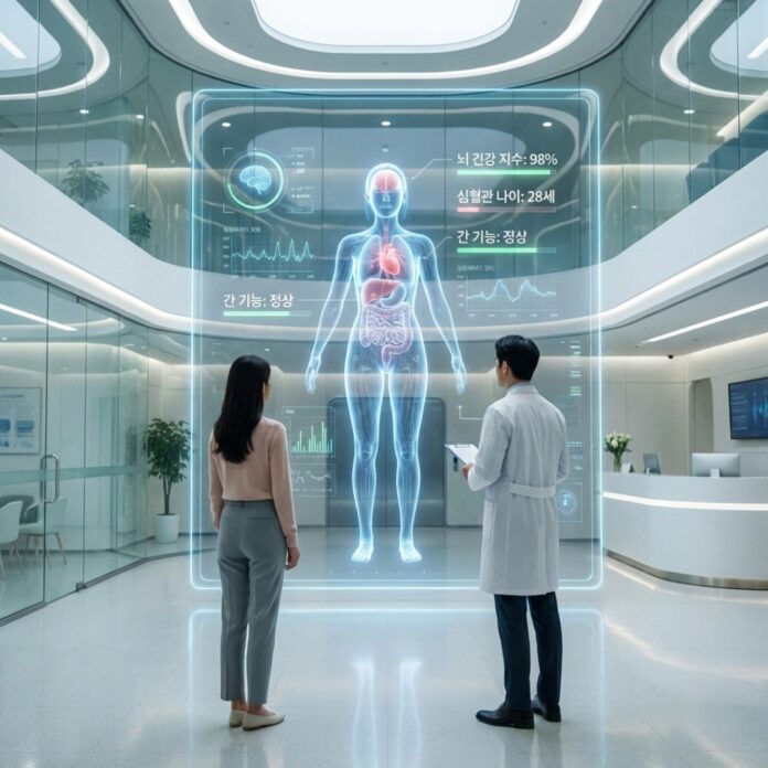 스마트 패드를 통해 자신의 인체 3D 디지털 트윈 모델을 확인하며 상담받는 한국인 여성