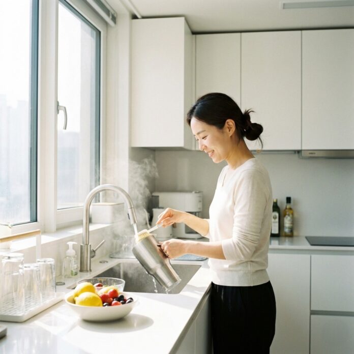 2026-eco-friendly-tumbler-life-korean 햇살이 비치는 주방 창가에서 깨끗하게 세척된 텀블러에 신선한 물을 담고 있는 30대 한국인 여성