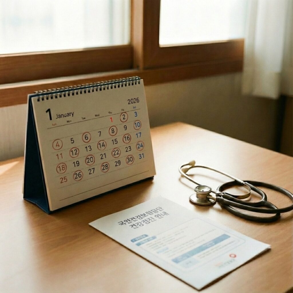 2026년 달력 위에 짝수 날짜가 강조되어 있고 그 옆에 청진기가 놓여 있는 국가 건강검진 안내 이미지