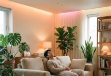 “집이 나를 위로한다” 2026년 주거 핵심 트렌드 ‘필코노미’와 감성 공간 연출법 따뜻한 조명과 식물이 어우러진 감성적인 거실에서 편안하게 휴식을 취하며 정서적 안정을 얻는 30대 한국인 남성