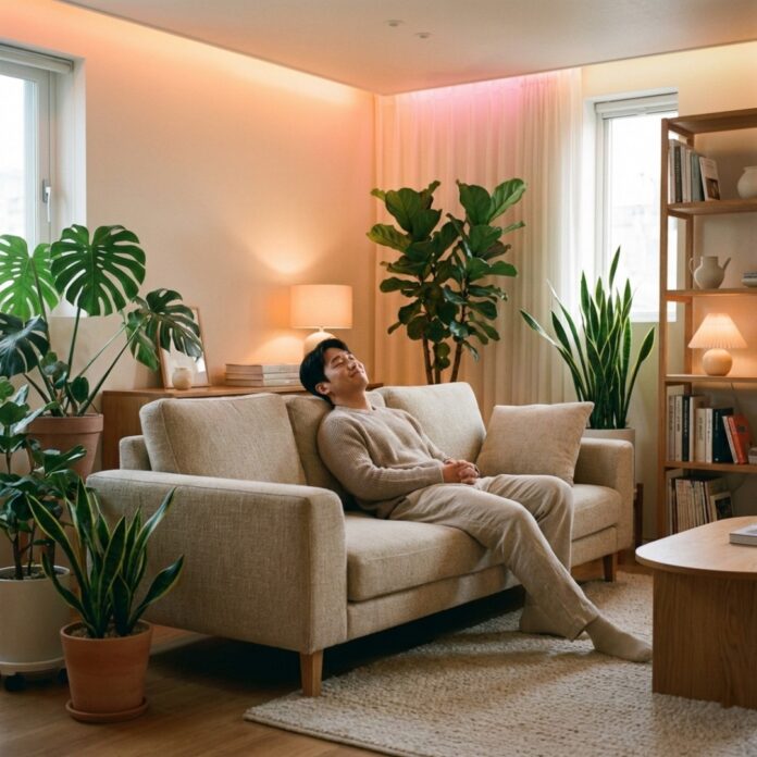 따뜻한 조명과 식물이 어우러진 감성적인 거실에서 편안하게 휴식을 취하며 정서적 안정을 얻는 30대 한국인 남성