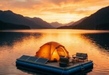 “호수 위에서 즐기는 하룻밤” 2026년 여름 레저를 선점할 ‘플로팅 캠핑’ 입문 가이드 고요한 호수 위 노을을 배경으로 전용 플로팅 플랫폼 위에 세련된 캠핑 텐트가 설치되어 평화로운 분위기를 자아내는 모습