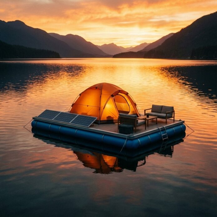 고요한 호수 위 노을을 배경으로 전용 플로팅 플랫폼 위에 세련된 캠핑 텐트가 설치되어 평화로운 분위기를 자아내는 모습