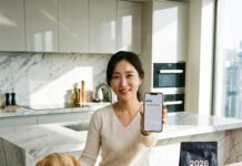 “사료도 하이테크 시대” 2026년 펫 푸드 트렌드: 배양육과 맞춤형 영양제 스마트 패드로 반려동물의 영양 분석 리포트를 확인하며 프리미엄 사료를 고르는 한국인 여성