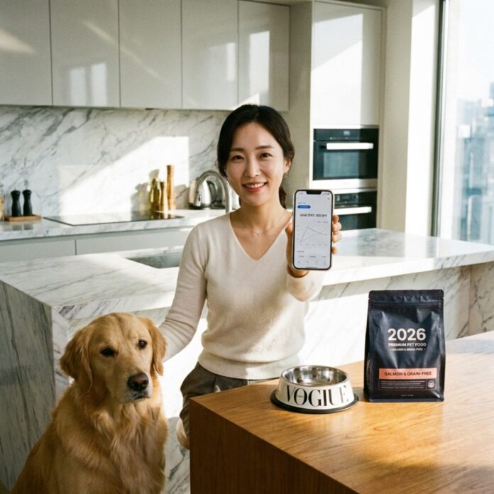 스마트 패드로 반려동물의 영양 분석 리포트를 확인하며 프리미엄 사료를 고르는 한국인 여성