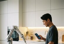 요리 로봇이 차려주는 식탁, ‘스마트 밀키트’와 푸드테크 라이프스타일 미래형 주방에서 로봇 팔이 정교하게 요리를 하고 있는 모습과 이를 지켜보는 한국인 남성