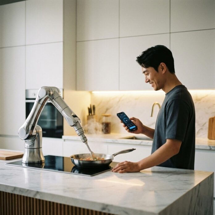 미래형 주방에서 로봇 팔이 정교하게 요리를 하고 있는 모습과 이를 지켜보는 한국인 남성