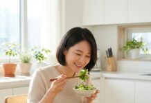 “칼로리보다 순서가 핵심!” 2026년형 혈당 다이어트 식사법 정갈하게 차려진 한식 상차림 앞에서 채소를 먼저 집어 들며 미소 짓는 30대 한국인 여성