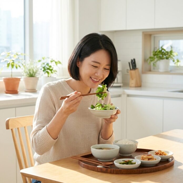 정갈하게 차려진 한식 상차림 앞에서 채소를 먼저 집어 들며 미소 짓는 30대 한국인 여성