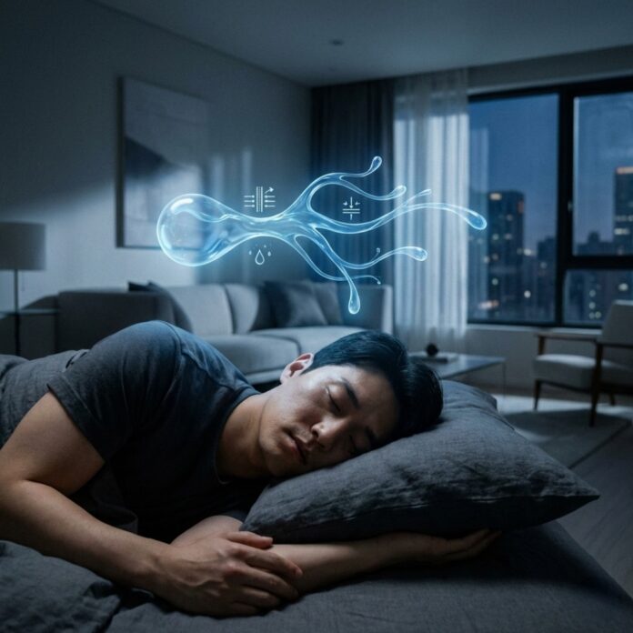 어두운 침실에서 평온하게 잠든 30대 한국인 남성의 머리 주변으로 뇌의 정화 과정을 상징하는 푸른색과 보라색의 섬세한 유체 흐름이 오버레이된 예술적 이미지